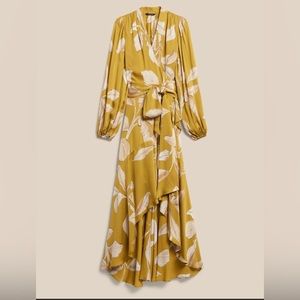 Banana Republic Satin Ruffle Wrap Dress sz L Yellow Floral Fit & Flare